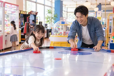 エアホッケーで遊ぶ親子（ゲームセンター・ボウリング・ビリヤードの写真 No.25）