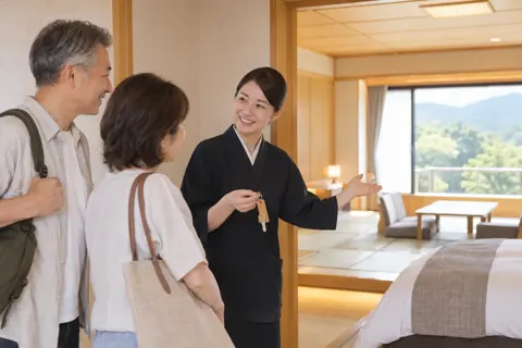 かぎを渡して部屋の説明をするスタッフ（ホテル・旅館の写真 No.26）