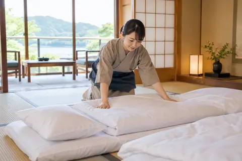 和室でふとんをしく係の人（ホテル・旅館の写真 No.31）