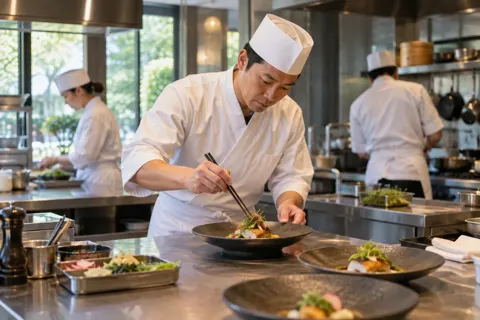 調理場で料理を盛りつける料理人（ホテル・旅館の写真 No.37）