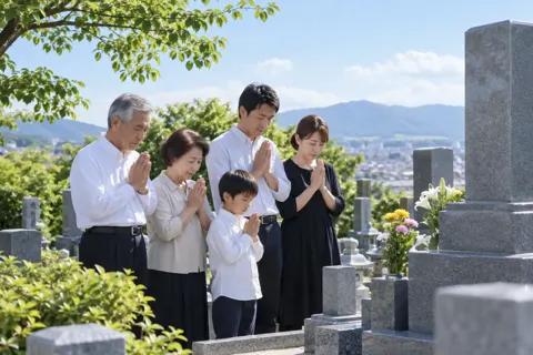 墓の前で手を合わせる家族（神社・寺院・教会の写真 No.41）