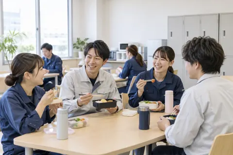 休けい室で昼ごはんを食べるスタッフたち（人材・派遣・アウトソーシングの写真 No.43）