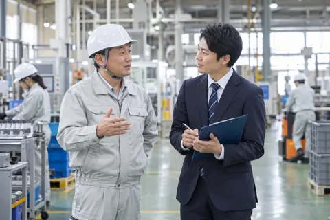 取引先の工場長と話す担当の社員（人材・派遣・アウトソーシングの写真 No.45）