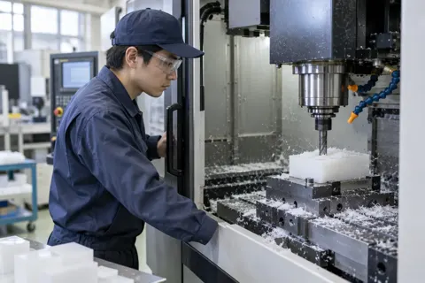 NCの機械で樹脂のかたまりをけずる作業員（樹脂・プラスチック加工の写真 No.46）
