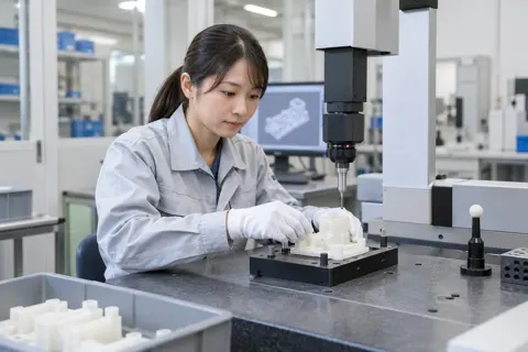 測定の機械に部品をのせる検査員（樹脂・プラスチック加工の写真 No.52）
