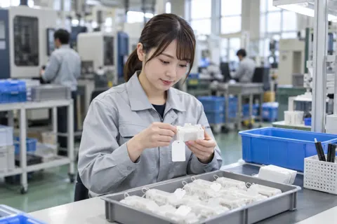 検査が終わった部品にふだを付ける作業員（樹脂・プラスチック加工の写真 No.55）
