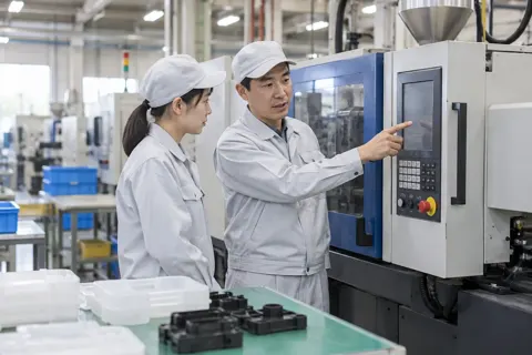 新人に機械の操作を教える先輩の作業員（樹脂・プラスチック加工の写真 No.59）