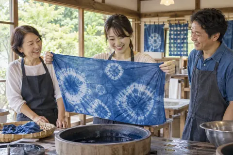 染め物の体験で布を広げるお客様（観光・体験・道の駅の写真 No.30）