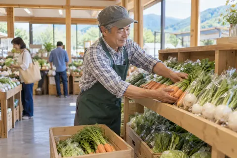 道の駅の棚に野菜をならべる農家の人（観光・体験・道の駅の写真 No.37）