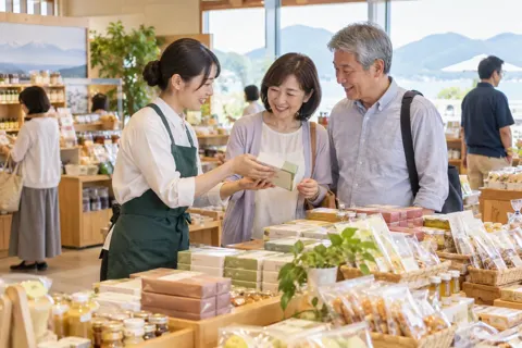 おみやげを選ぶお客様と店員（観光・体験・道の駅の写真 No.39）