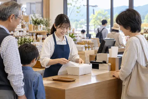 レジでおみやげを包む店員（観光・体験・道の駅の写真 No.40）