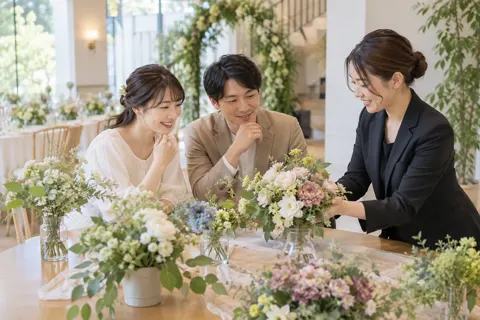 花の見本を見て選ぶ二人とスタッフ（結婚式場・ウェディングの写真 No.29）