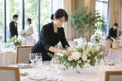 テーブルの花を整えるスタッフ（結婚式場・ウェディングの写真 No.39）