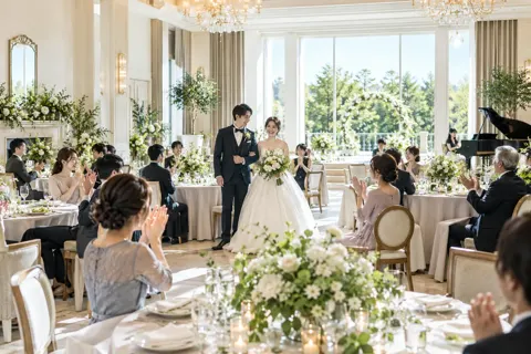花で飾られた披露宴会場の全体（結婚式場・ウェディングの写真 No.48）