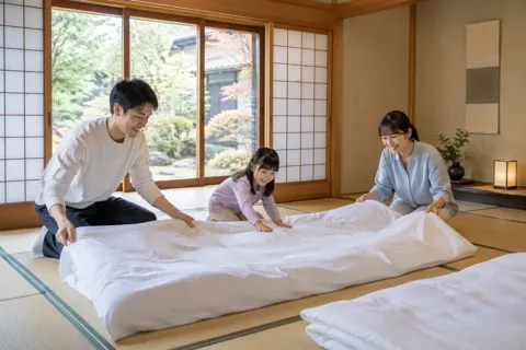 和室でふとんを広げるお客様（民泊・ゲストハウスの写真 No.21）