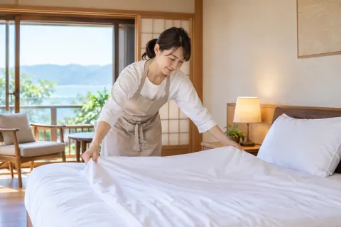 ベッドのシーツをかえるスタッフ（民泊・ゲストハウスの写真 No.23）