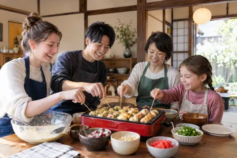 お客様と一緒にたこ焼きを作るオーナー（民泊・ゲストハウスの写真 No.29）