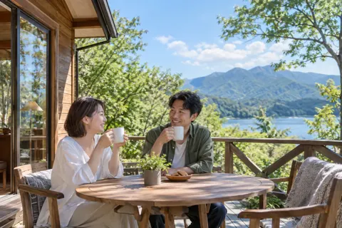 テラスでコーヒーを飲むお客様（ペンション・コテージの写真 No.19）