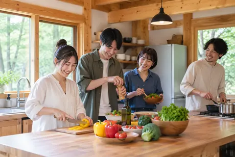 コテージのキッチンで料理をする友だちどうし（ペンション・コテージの写真 No.21）