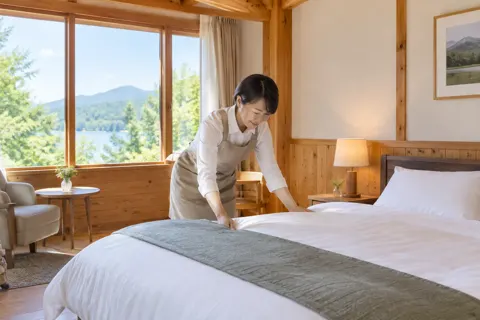 部屋のベッドを整えるオーナー（ペンション・コテージの写真 No.23）