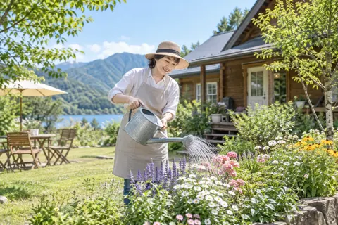 庭の花に水をやるオーナー（ペンション・コテージの写真 No.24）