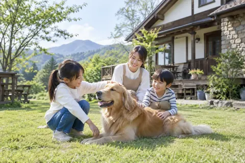 ペンションの犬とふれあう子ども（ペンション・コテージの写真 No.28）