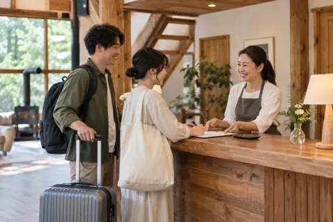 受付で宿泊の手続きをするお客様とオーナー（ペンション・コテージの写真 No.33）