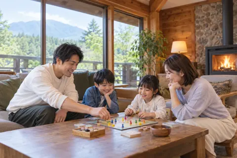ラウンジでボードゲームをする家族（ペンション・コテージの写真 No.34）