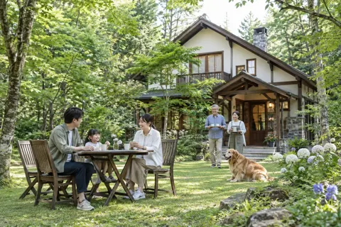 森の中のペンションの建物と庭（ペンション・コテージの写真 No.36）