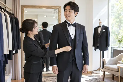 タキシードを試着する新郎とスタッフ（レンタル衣装・貸衣装の写真 No.31）