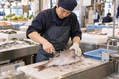 魚のうろこを取る店員（精肉・鮮魚・青果の写真 No.19）