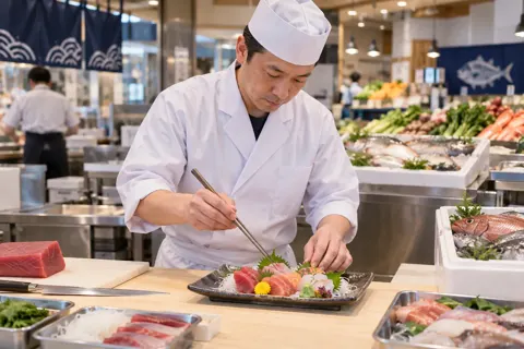 刺身を切って盛りつける店員（精肉・鮮魚・青果の写真 No.20）
