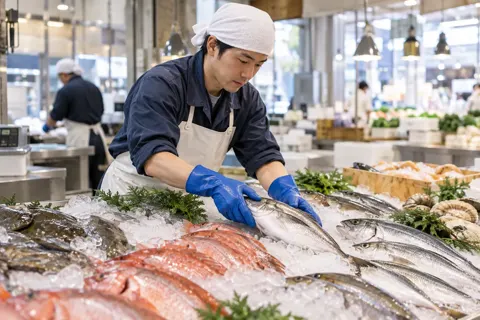 氷の上に魚を並べる店員（精肉・鮮魚・青果の写真 No.21）