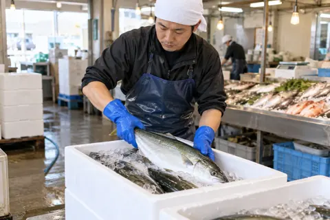発泡スチロールの箱から魚を出す店員（精肉・鮮魚・青果の写真 No.22）
