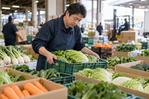 市場で野菜の箱をえらぶ店主（精肉・鮮魚・青果の写真 No.24）