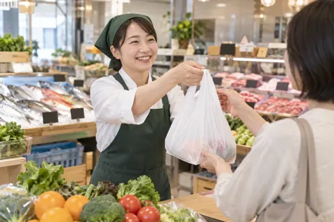 商品をふくろに入れてわたす店員（精肉・鮮魚・青果の写真 No.31）