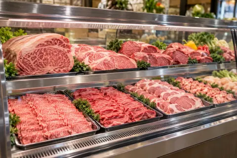 ショーケースに並んだ肉（精肉・鮮魚・青果の写真 No.32）