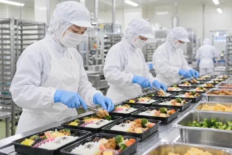 弁当の箱におかずをつめる作業員たち（食品加工・食品工場の写真 No.55）