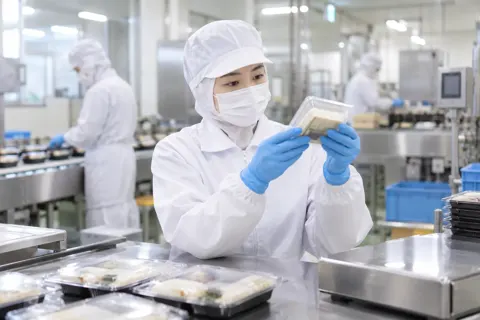 賞味期限の印字を確かめる検査員（食品加工・食品工場の写真 No.61）