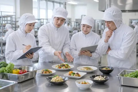 試作の料理を並べて話し合う開発の担当者たち（食品加工・食品工場の写真 No.67）
