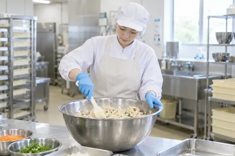 大きなボウルで材料をまぜる作り手（食品製造・販売の写真 No.26）