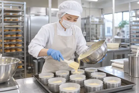 生地を型に入れる作り手（食品製造・販売の写真 No.28）