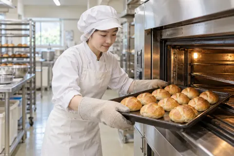オーブンから天板を取り出す作り手（食品製造・販売の写真 No.29）
