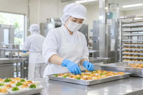 できたての食品をトレーに並べる作り手（食品製造・販売の写真 No.30）