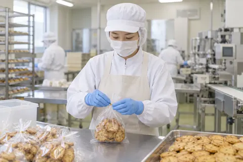 ふくろに入れて口をとじる作り手（食品製造・販売の写真 No.35）