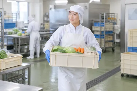 材料が入った箱を運ぶ作り手（食品製造・販売の写真 No.40）