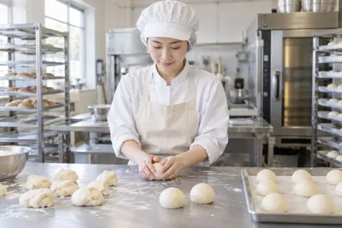 パンの生地を分けて丸める作り手（食品製造・販売の写真 No.51）