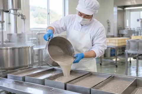 こんにゃくを型に流す作り手（食品製造・販売の写真 No.54）