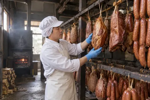 ハムやソーセージをつるしたくんせいの部屋（食品製造・販売の写真 No.56）