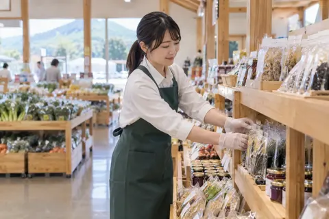 道の駅の棚に商品を並べる社員（食品製造・販売の写真 No.70）